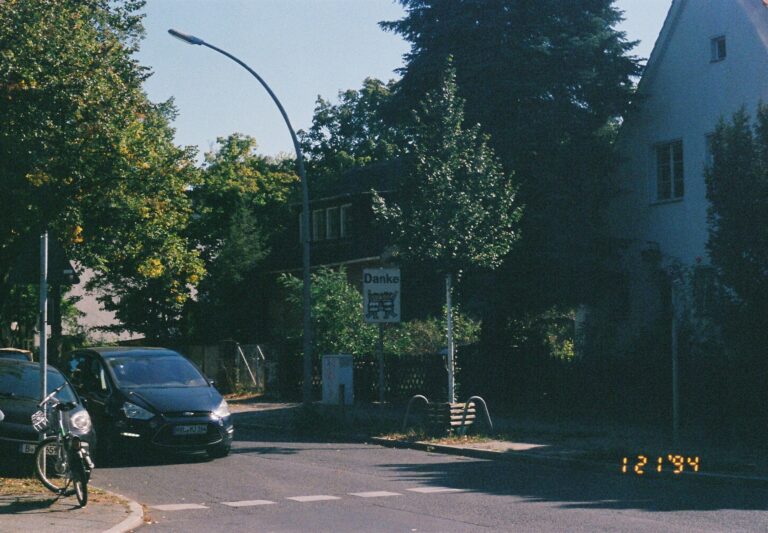 a picture of the road, a black car on the left side, a traffic sign with two kids waving with a text "Danke," and the trees on the road.